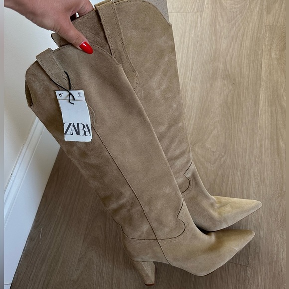 Zara boots leather suede tan camel high tops knee heels heeled cowboy - Picture 8 of 8